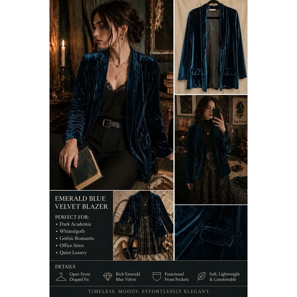 Emerald Blue Velvet Blazer Women Open Front Dark Academia Goth smoke jacket